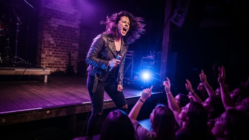 Dramatic shot of a lead guitarist performing with intense emotion under vibrant stage lights at a Kyneton live music venue, showcasing expert Kyneton live music photography for local artists, with the crowd's hands visible in the foreground.