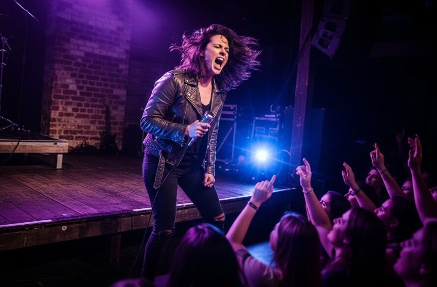 Dramatic shot of a lead guitarist performing with intense emotion under vibrant stage lights at a Kyneton live music venue, showcasing expert Kyneton live music photography for local artists, with the crowd's hands visible in the foreground.