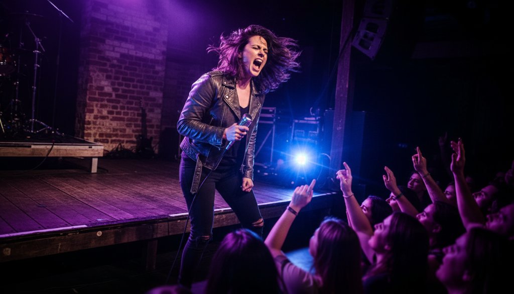 Dramatic shot of a lead guitarist performing with intense emotion under vibrant stage lights at a Kyneton live music venue, showcasing expert Kyneton live music photography for local artists, with the crowd's hands visible in the foreground.