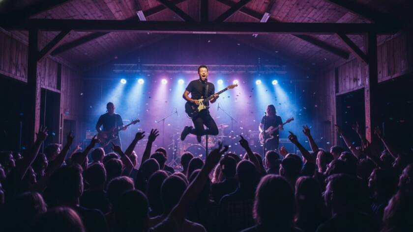 An epic moment of a local band performing on stage in a rustic Lang Lang community hall, bathed in dramatic stage lights, captured by Expert Lang Lang Victoria Live Music Photography.