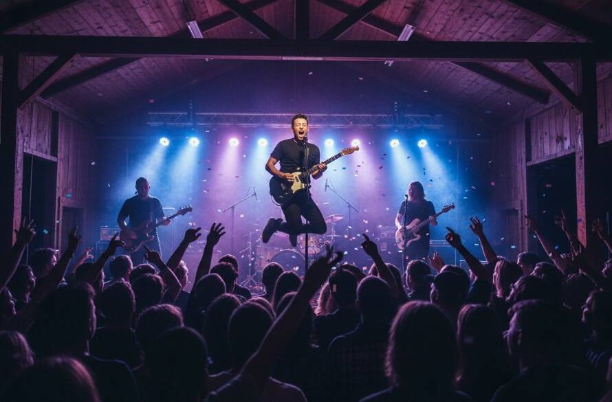 An epic moment of a local band performing on stage in a rustic Lang Lang community hall, bathed in dramatic stage lights, captured by Expert Lang Lang Victoria Live Music Photography.