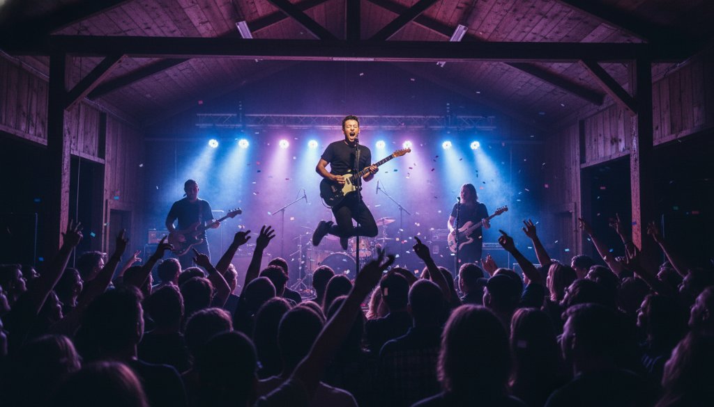 An epic moment of a local band performing on stage in a rustic Lang Lang community hall, bathed in dramatic stage lights, captured by Expert Lang Lang Victoria Live Music Photography.