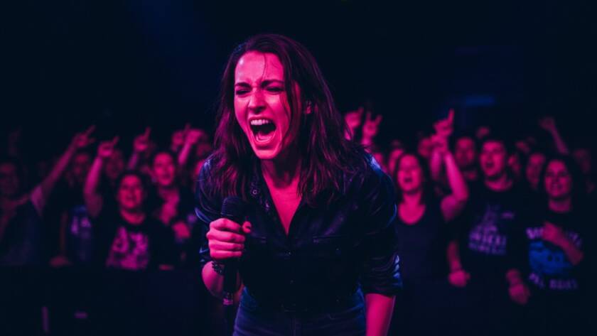 An expert live music photography Ormond venues shot: a lead guitarist bathed in dramatic stage lights, mid-solo, with a blurred, cheering crowd in the background, conveying electrifying energy.