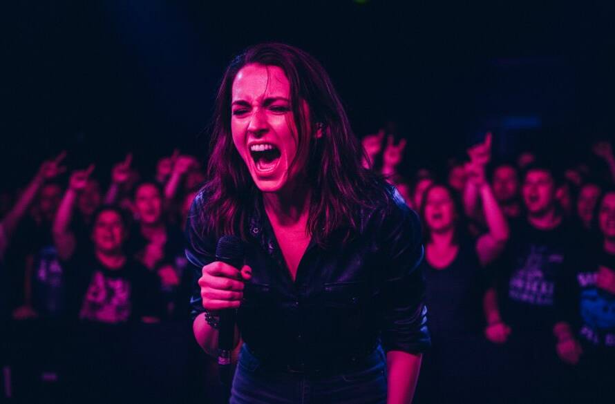 An expert live music photography Ormond venues shot: a lead guitarist bathed in dramatic stage lights, mid-solo, with a blurred, cheering crowd in the background, conveying electrifying energy.