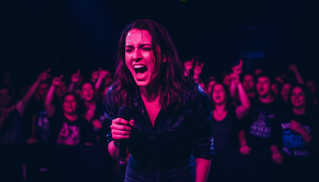An expert live music photography Ormond venues shot: a lead guitarist bathed in dramatic stage lights, mid-solo, with a blurred, cheering crowd in the background, conveying electrifying energy.