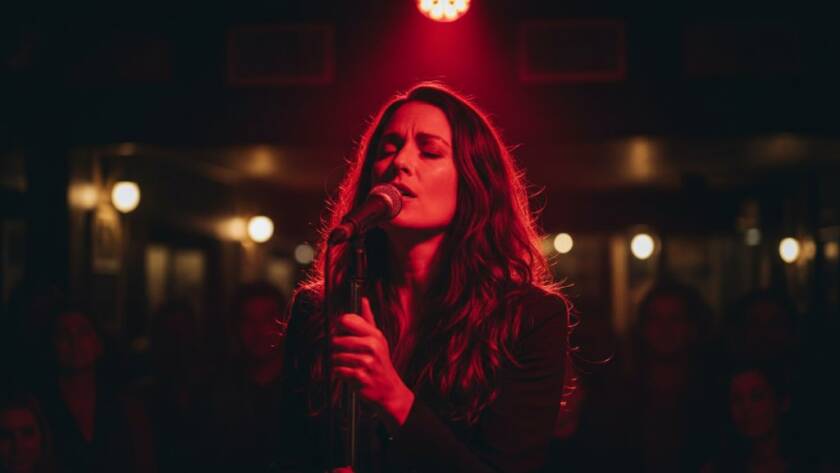 An epic moment of a lead singer passionately performing under dramatic stage lighting at an intimate Warrandyte venue, captured through expert live music photography Warrandyte intimate gigs, showcasing raw emotion and dynamic energy.