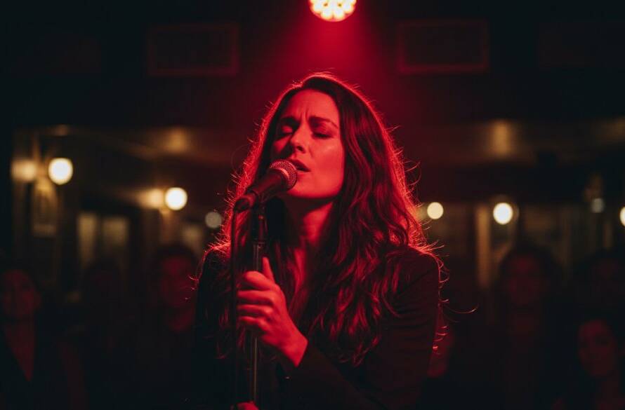 An epic moment of a lead singer passionately performing under dramatic stage lighting at an intimate Warrandyte venue, captured through expert live music photography Warrandyte intimate gigs, showcasing raw emotion and dynamic energy.