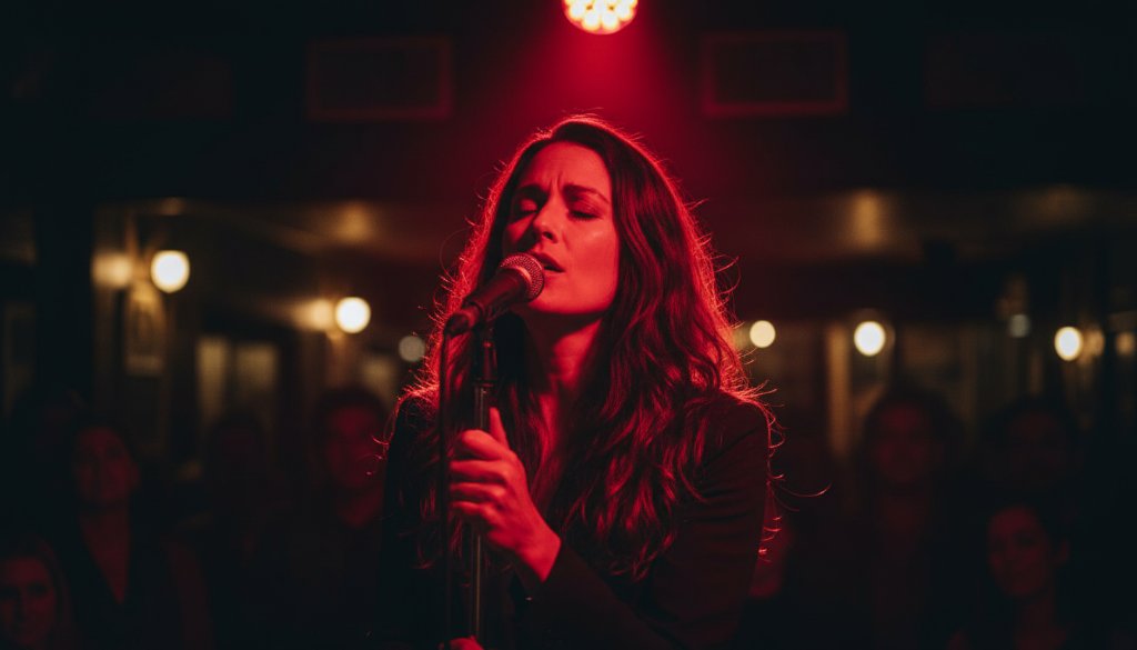 An epic moment of a lead singer passionately performing under dramatic stage lighting at an intimate Warrandyte venue, captured through expert live music photography Warrandyte intimate gigs, showcasing raw emotion and dynamic energy.