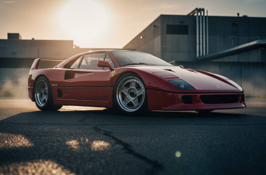 An epic, low-angle shot showcasing a gleaming, vintage luxury car under dramatic sunset lighting in a gritty, industrial setting in Clayton South, Victoria, highlighting its intricate details and powerful silhouette, captured by an expert luxury automotive photographer Clayton South.