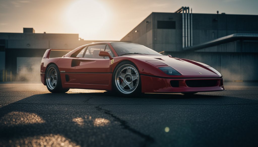 An epic, low-angle shot showcasing a gleaming, vintage luxury car under dramatic sunset lighting in a gritty, industrial setting in Clayton South, Victoria, highlighting its intricate details and powerful silhouette, captured by an expert luxury automotive photographer Clayton South.