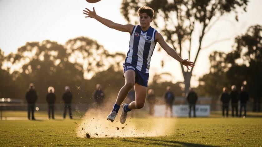 A dramatic, low-angle shot by an expert Lyndhurst sports action photography Victoria specialist, capturing a young footballer mid-air during a powerful kick under stadium lights, with blurred background and dynamic motion, showcasing an epic moment of athletic prowess.
