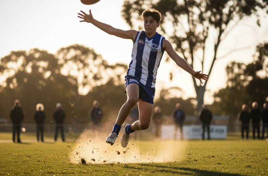 A dramatic, low-angle shot by an expert Lyndhurst sports action photography Victoria specialist, capturing a young footballer mid-air during a powerful kick under stadium lights, with blurred background and dynamic motion, showcasing an epic moment of athletic prowess.