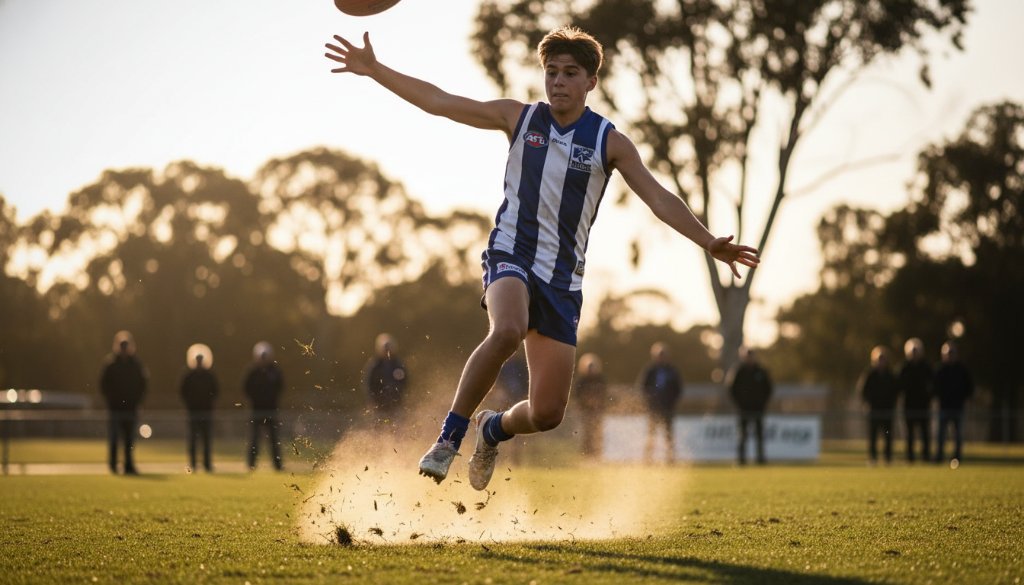 A dramatic, low-angle shot by an expert Lyndhurst sports action photography Victoria specialist, capturing a young footballer mid-air during a powerful kick under stadium lights, with blurred background and dynamic motion, showcasing an epic moment of athletic prowess.