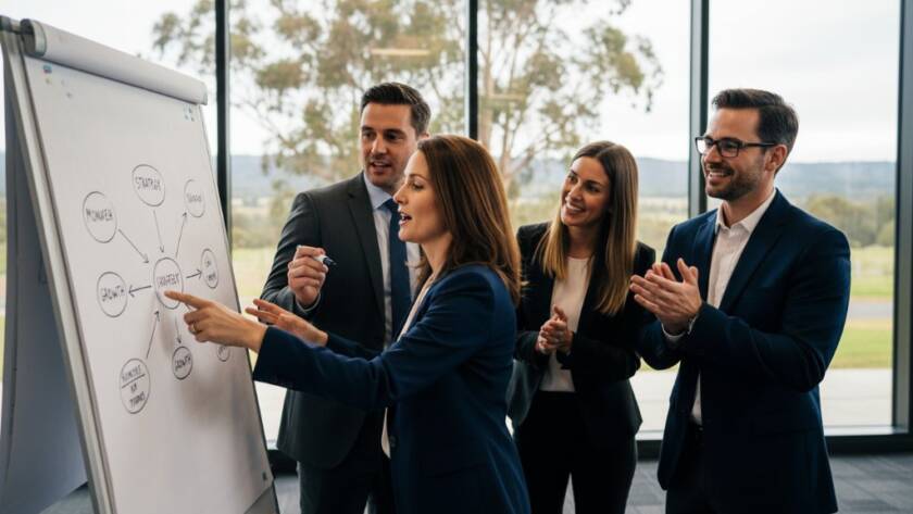 A wide-angle, dramatic shot of a dynamic business leader delivering a keynote speech at a corporate event in Lysterfield, captured through Expert Lysterfield Corporate Event Photography Storytelling, with a diverse audience engaged, bathed in warm, motivational stage lighting.