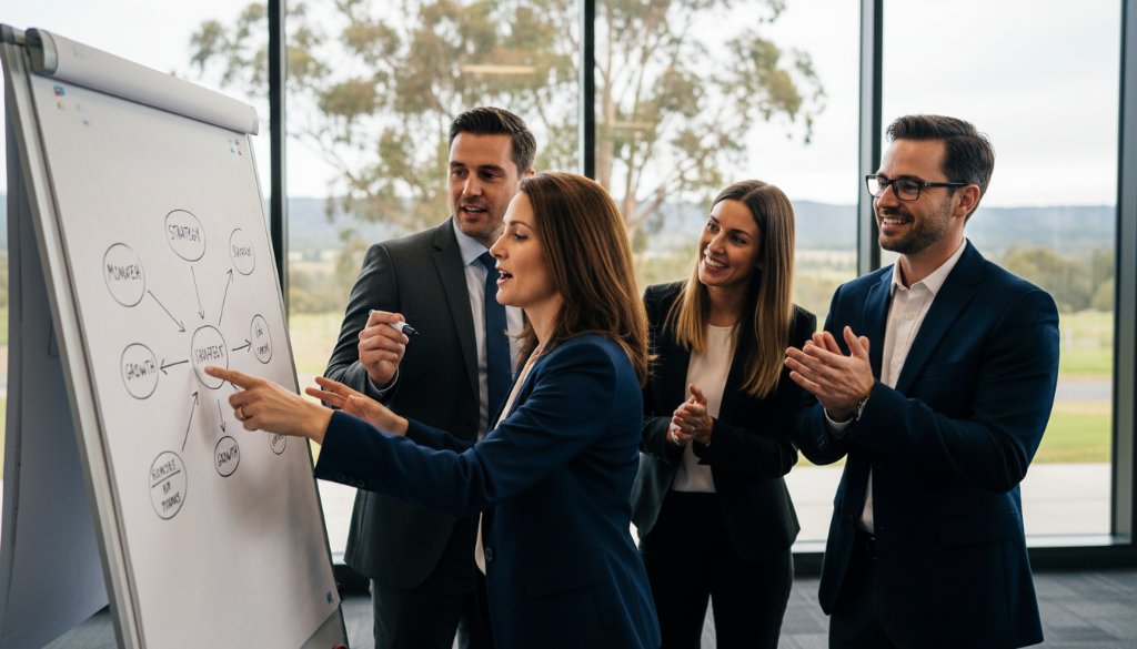 A wide-angle, dramatic shot of a dynamic business leader delivering a keynote speech at a corporate event in Lysterfield, captured through Expert Lysterfield Corporate Event Photography Storytelling, with a diverse audience engaged, bathed in warm, motivational stage lighting.