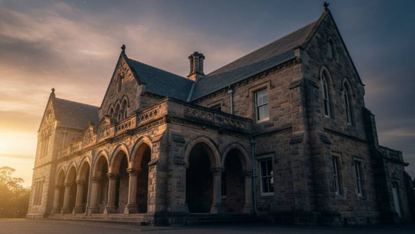 Dramatic golden hour photograph capturing the intricate facade of a historic bluestone building in Melton South, showcasing expert Melton South heritage building photography with stunning light and shadow.
