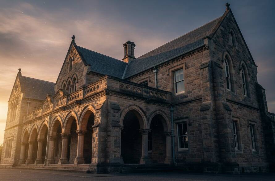 Dramatic golden hour photograph capturing the intricate facade of a historic bluestone building in Melton South, showcasing expert Melton South heritage building photography with stunning light and shadow.