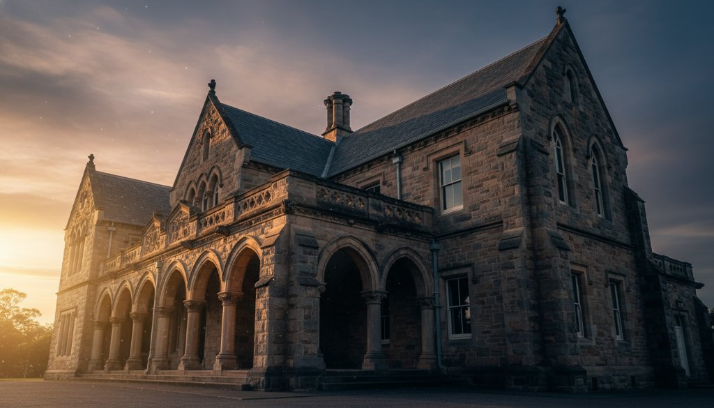 Dramatic golden hour photograph capturing the intricate facade of a historic bluestone building in Melton South, showcasing expert Melton South heritage building photography with stunning light and shadow.