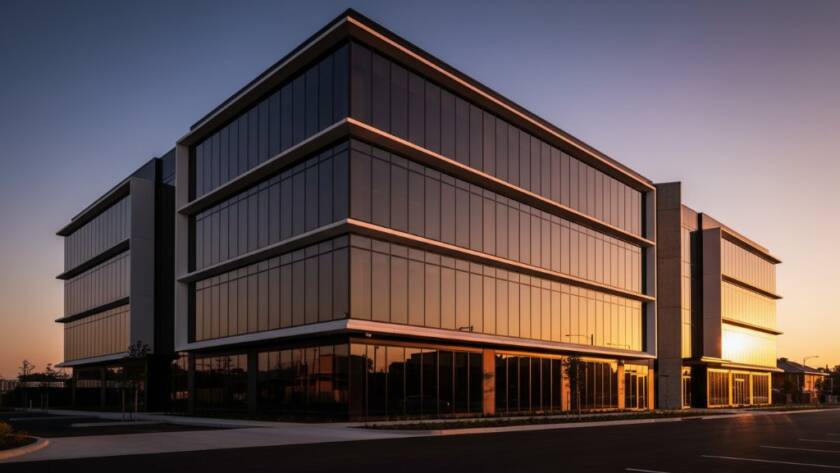 A dramatic, professionally colour-graded photograph showcasing a stunning modern architectural facade in Mitcham, Victoria, bathed in the golden light of sunset, highlighting the intricate details and clean lines, embodying expert Mitcham architectural photography for modern spaces.