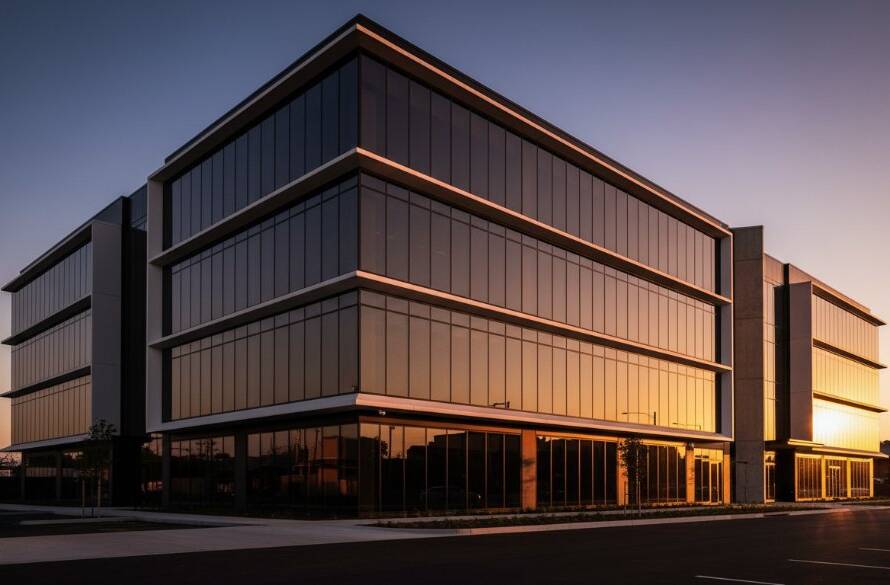 A dramatic, professionally colour-graded photograph showcasing a stunning modern architectural facade in Mitcham, Victoria, bathed in the golden light of sunset, highlighting the intricate details and clean lines, embodying expert Mitcham architectural photography for modern spaces.