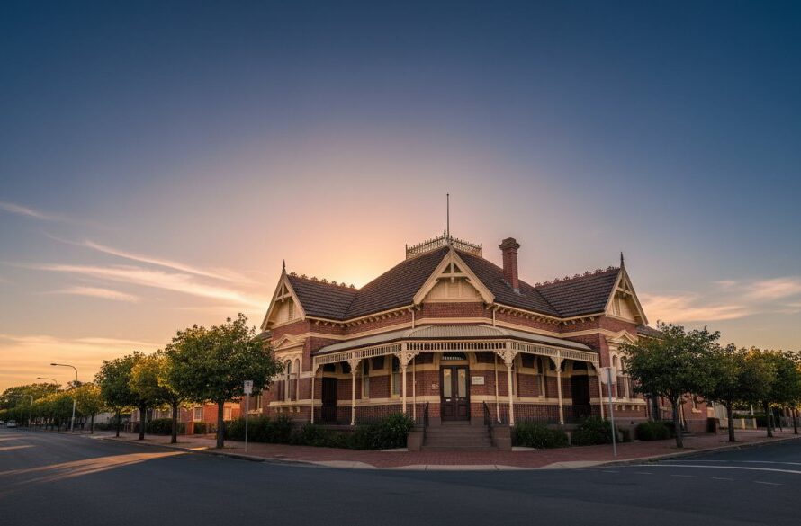 An epic wide-angle photograph capturing the stunning, grand facade of the historic Mooroopna Post Office at dusk, illuminated by dramatic golden hour light, showcasing intricate architectural details against a deep blue sky. Expert Mooroopna heritage building photography highlights its timeless beauty.