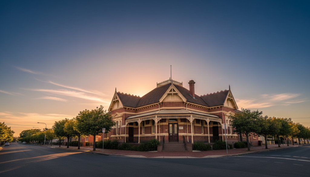 An epic wide-angle photograph capturing the stunning, grand facade of the historic Mooroopna Post Office at dusk, illuminated by dramatic golden hour light, showcasing intricate architectural details against a deep blue sky. Expert Mooroopna heritage building photography highlights its timeless beauty.