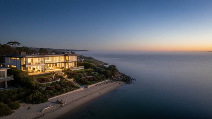 An aerial, dusk shot showcasing a luxury Mordialloc beachfront home with glowing interior lights, reflecting on the calm bay waters, captured by an Expert Mordialloc Real Estate Photography for Stunning Sales specialist, emphasising its prime bayside location.