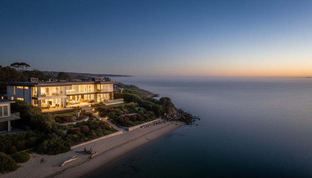 An aerial, dusk shot showcasing a luxury Mordialloc beachfront home with glowing interior lights, reflecting on the calm bay waters, captured by an Expert Mordialloc Real Estate Photography for Stunning Sales specialist, emphasising its prime bayside location.