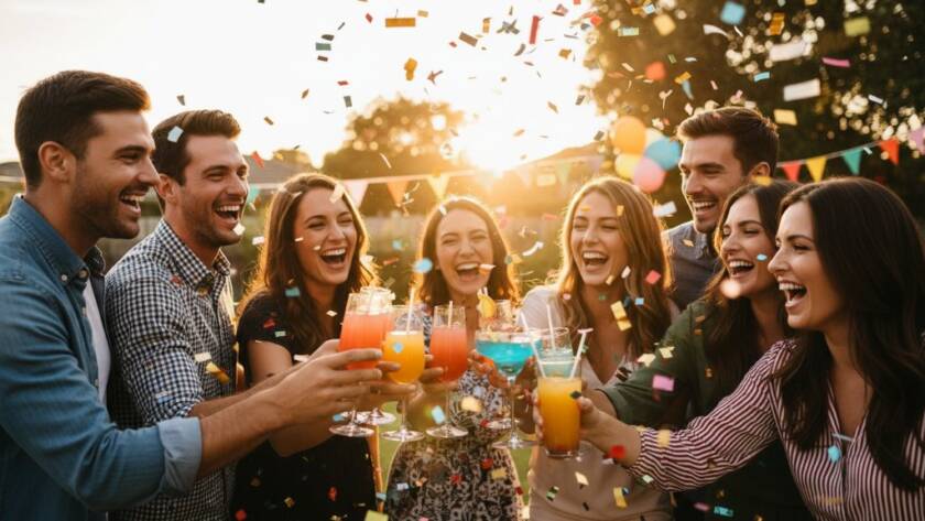 A wide shot of a vibrant, joyful birthday party in Noble Park North, capturing a group of friends laughing and toasting, with colourful streamers and balloons in the background, showcasing expert Noble Park North party photography memories in a dramatic, professionally colour-graded style.