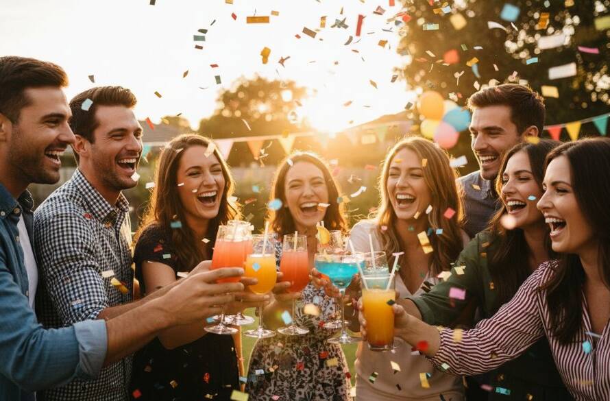 A wide shot of a vibrant, joyful birthday party in Noble Park North, capturing a group of friends laughing and toasting, with colourful streamers and balloons in the background, showcasing expert Noble Park North party photography memories in a dramatic, professionally colour-graded style.