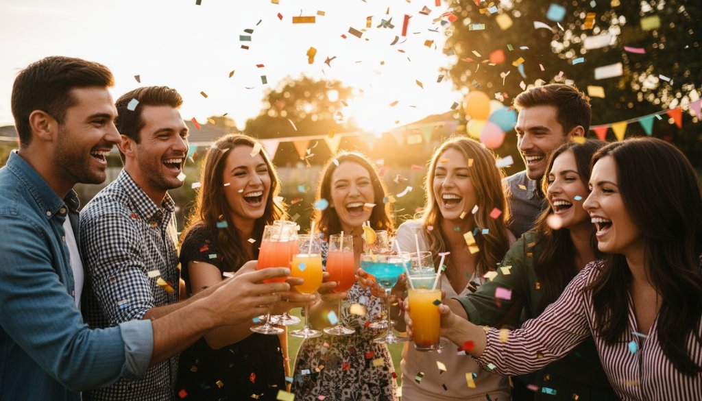 A wide shot of a vibrant, joyful birthday party in Noble Park North, capturing a group of friends laughing and toasting, with colourful streamers and balloons in the background, showcasing expert Noble Park North party photography memories in a dramatic, professionally colour-graded style.