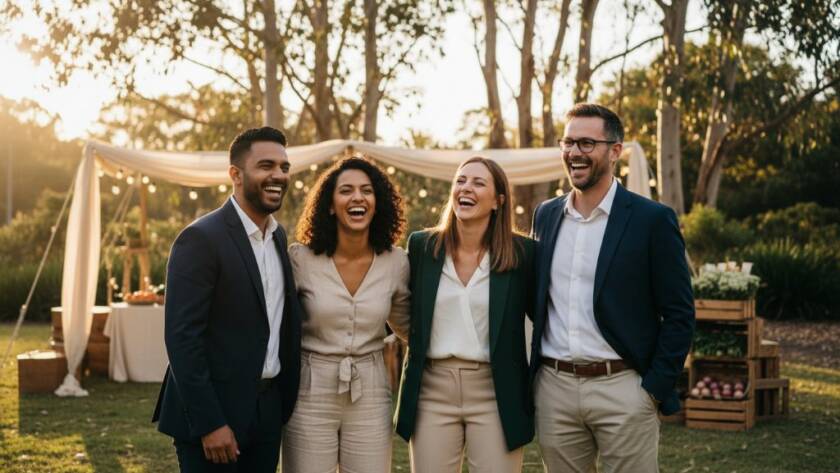 An epic moment captured by expert Park Orchards Event Photography, featuring guests laughing genuinely under festoon lights at a rustic outdoor celebration in Park Orchards, with warm, dramatic lighting.