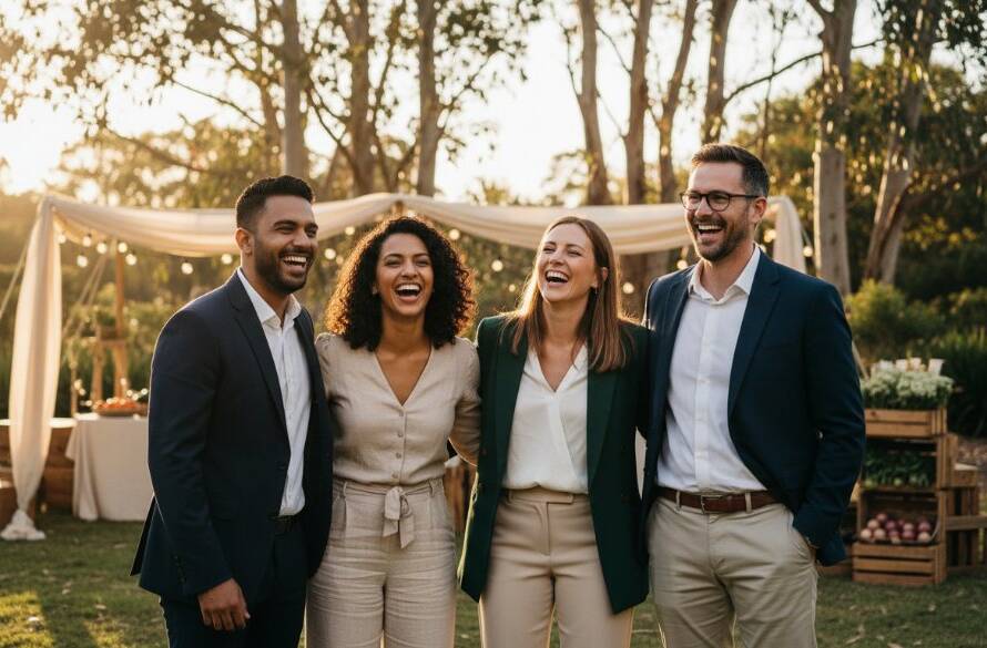 An epic moment captured by expert Park Orchards Event Photography, featuring guests laughing genuinely under festoon lights at a rustic outdoor celebration in Park Orchards, with warm, dramatic lighting.