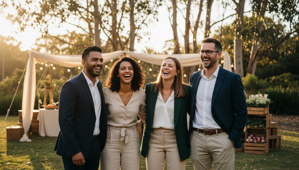 An epic moment captured by expert Park Orchards Event Photography, featuring guests laughing genuinely under festoon lights at a rustic outdoor celebration in Park Orchards, with warm, dramatic lighting.