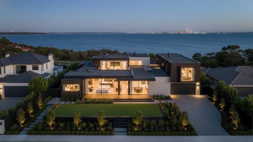 An aerial wide shot of a stunning modern home in Parkdale at sunset, featuring the bay in the background, captured with Expert Parkdale Real Estate Photography, highlighting its luxurious appeal and prime coastal location.
