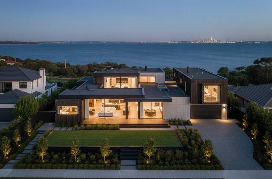 An aerial wide shot of a stunning modern home in Parkdale at sunset, featuring the bay in the background, captured with Expert Parkdale Real Estate Photography, highlighting its luxurious appeal and prime coastal location.