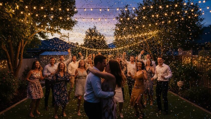 An Expert Party Photographer Newborough Victoria captures an epic moment of pure joy and laughter as friends dance under dramatic string lights at an outdoor evening party, silhouetted against a vibrant sunset.