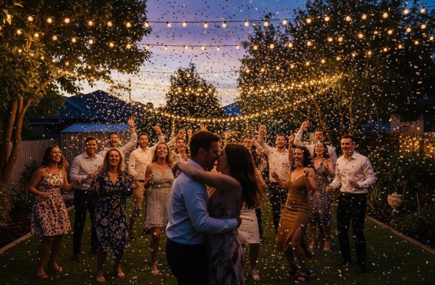 An Expert Party Photographer Newborough Victoria captures an epic moment of pure joy and laughter as friends dance under dramatic string lights at an outdoor evening party, silhouetted against a vibrant sunset.