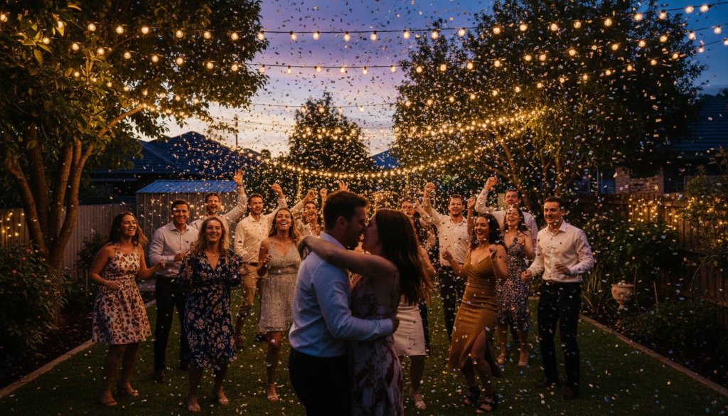 An Expert Party Photographer Newborough Victoria captures an epic moment of pure joy and laughter as friends dance under dramatic string lights at an outdoor evening party, silhouetted against a vibrant sunset.
