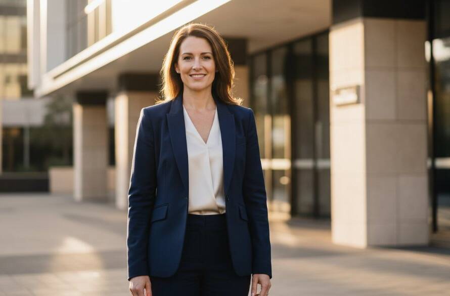 A compelling, cinematic portrait of a confident young professional, bathed in the soft glow of golden hour light in a modern Burnside Heights office park, showcasing expert professional headshots Burnside Heights for career advancement through dynamic composition and warm tones.