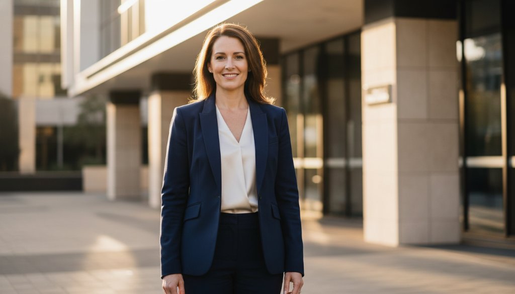 A compelling, cinematic portrait of a confident young professional, bathed in the soft glow of golden hour light in a modern Burnside Heights office park, showcasing expert professional headshots Burnside Heights for career advancement through dynamic composition and warm tones.
