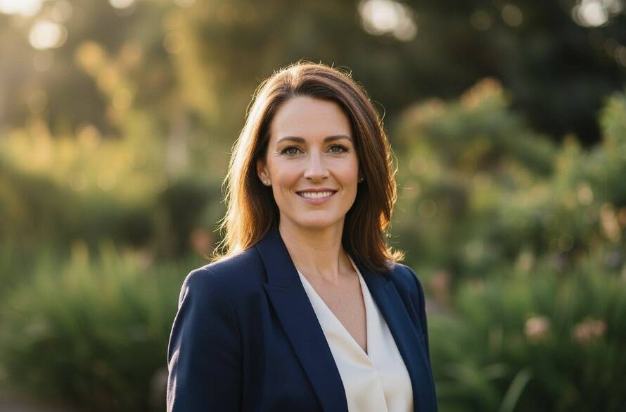 A confident female entrepreneur in Narre Warren North receiving expert professional headshots, her dynamic portrait captured with natural light filtering through eucalyptus trees, reflecting the professional yet serene local business environment.