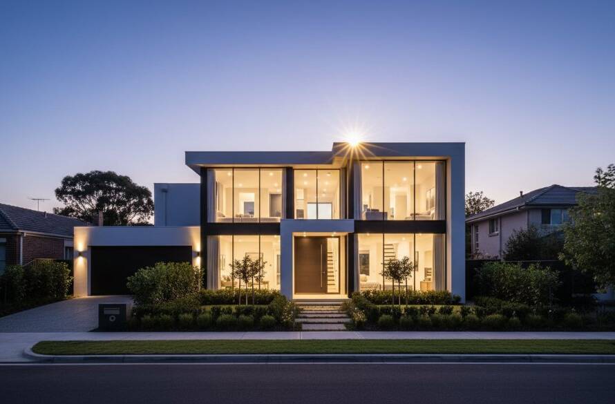 A golden hour shot showcasing a modern family home in Clayton, Victoria, with a perfectly manicured garden and inviting glow, demonstrating expert real estate photography Clayton Victoria for premium property listings.