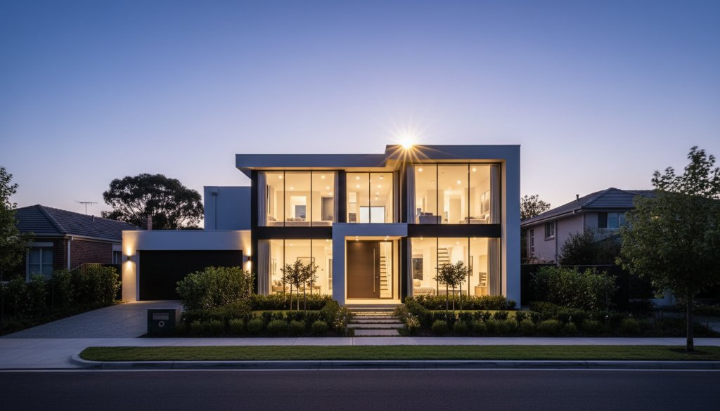 A golden hour shot showcasing a modern family home in Clayton, Victoria, with a perfectly manicured garden and inviting glow, demonstrating expert real estate photography Clayton Victoria for premium property listings.