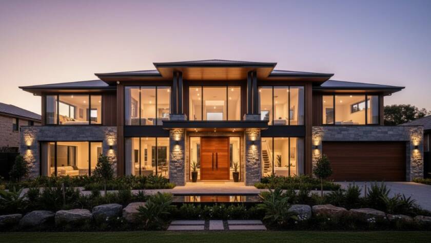 An epic moment captured in expert real estate photography Doncaster Victoria, showcasing a stunning modern home at sunset with warm light spilling from interior windows, reflecting in a pristine pool, highlighting its luxurious appeal and inviting atmosphere.