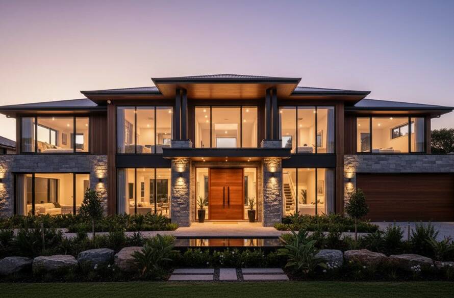 An epic moment captured in expert real estate photography Doncaster Victoria, showcasing a stunning modern home at sunset with warm light spilling from interior windows, reflecting in a pristine pool, highlighting its luxurious appeal and inviting atmosphere.