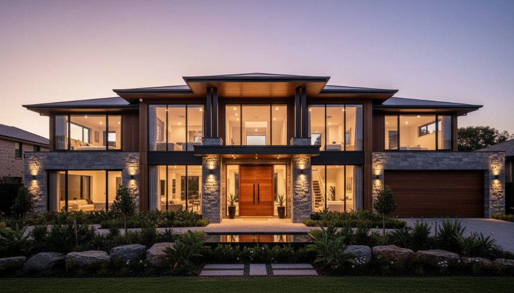 An epic moment captured in expert real estate photography Doncaster Victoria, showcasing a stunning modern home at sunset with warm light spilling from interior windows, reflecting in a pristine pool, highlighting its luxurious appeal and inviting atmosphere.