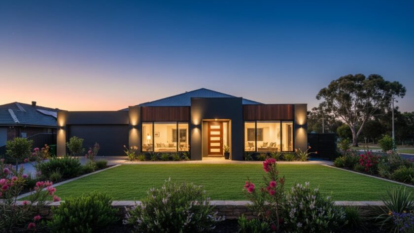 A dramatic, wide-angle photograph showcasing the front exterior of a modern, well-maintained family home in Morwell, Victoria, at dusk. Golden hour light bathes the facade, highlighting architectural details. The lawn is perfectly manicured, and interior lights softly glow through windows, creating a warm, inviting ambience. The sky is a deep, rich blue with a hint of an orange sunset on the horizon, creating an epic moment for expert real estate photography Morwell homes. Professional colour grading and composition.