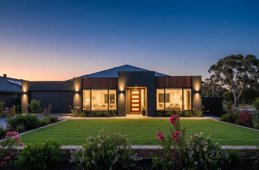 A dramatic, wide-angle photograph showcasing the front exterior of a modern, well-maintained family home in Morwell, Victoria, at dusk. Golden hour light bathes the facade, highlighting architectural details. The lawn is perfectly manicured, and interior lights softly glow through windows, creating a warm, inviting ambience. The sky is a deep, rich blue with a hint of an orange sunset on the horizon, creating an epic moment for expert real estate photography Morwell homes. Professional colour grading and composition.