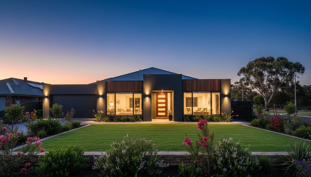 A dramatic, wide-angle photograph showcasing the front exterior of a modern, well-maintained family home in Morwell, Victoria, at dusk. Golden hour light bathes the facade, highlighting architectural details. The lawn is perfectly manicured, and interior lights softly glow through windows, creating a warm, inviting ambience. The sky is a deep, rich blue with a hint of an orange sunset on the horizon, creating an epic moment for expert real estate photography Morwell homes. Professional colour grading and composition.
